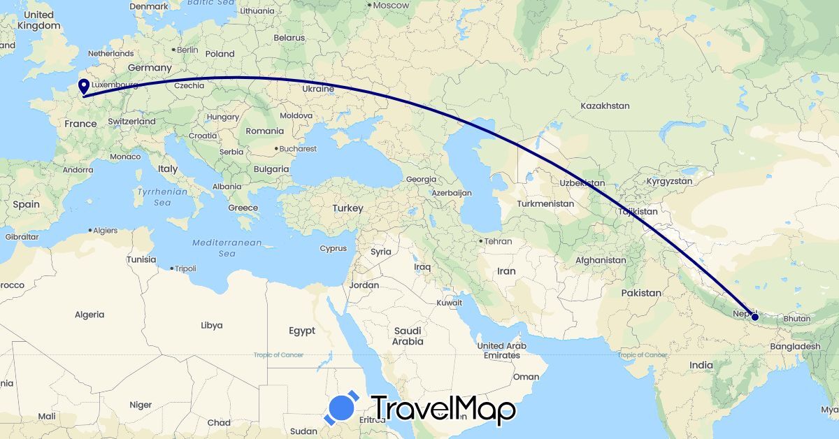 TravelMap itinerary: driving in France, Nepal (Asia, Europe)